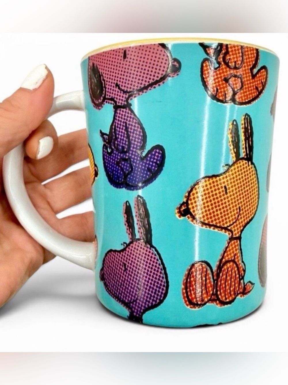 Vintage Peanuts Gibson Blue COLORFUL Snoopy Mug Awesome Yellow Interior